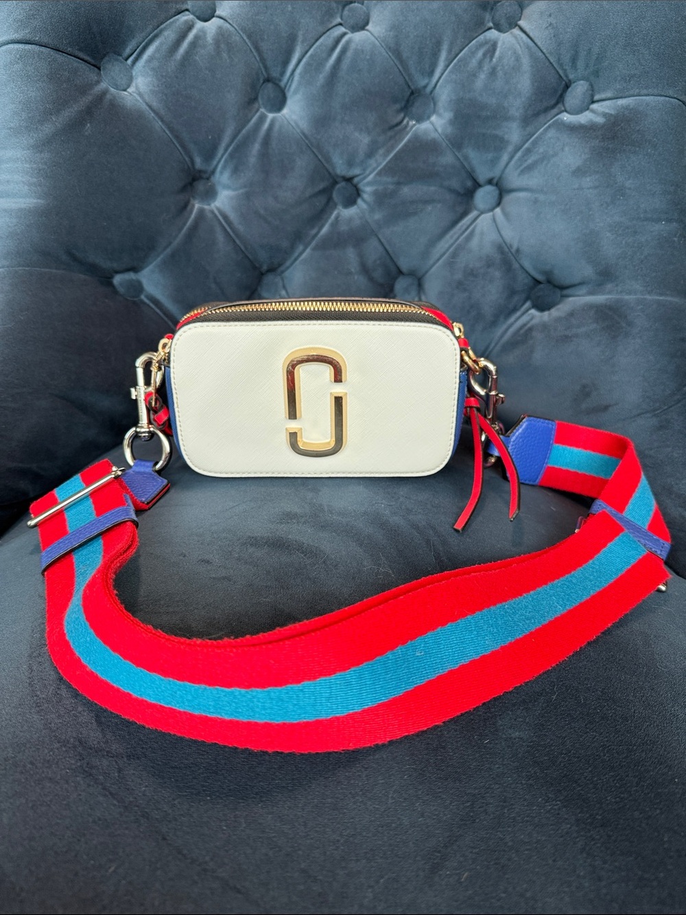 Marc Jacobs White/Red/Blue 🇺🇸 Crossbody Snapshot Bag, Red/ Blue Adjustable Strap